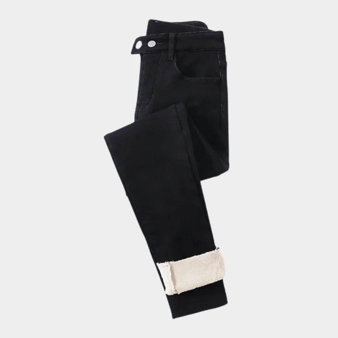 Womens High Waist Skinny Jeans - Winter Thick Velvet Warm Fleece Denim Pants, Stretch Slim Fit, Blue Grey, Black, Vintage Blue, Grey