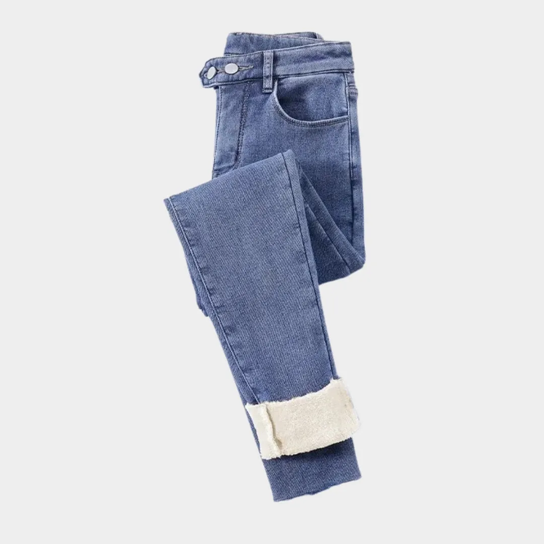 Womens High Waist Skinny Jeans - Winter Thick Velvet Warm Fleece Denim Pants, Stretch Slim Fit, Blue Grey, Black, Vintage Blue, Grey