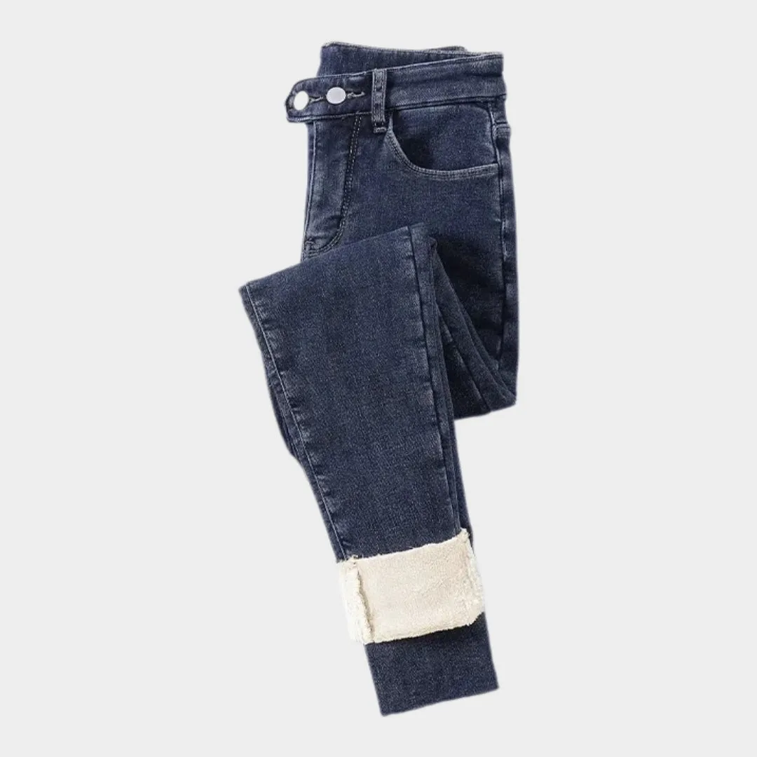 Womens High Waist Skinny Jeans - Winter Thick Velvet Warm Fleece Denim Pants, Stretch Slim Fit, Blue Grey, Black, Vintage Blue, Grey