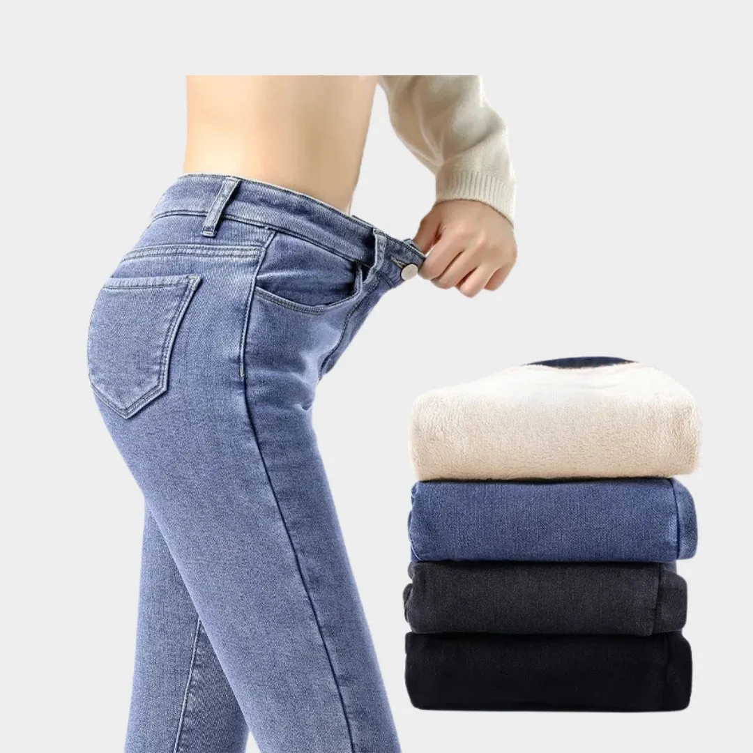 Womens High Waist Skinny Jeans - Winter Thick Velvet Warm Fleece Denim Pants, Stretch Slim Fit, Blue Grey, Black, Vintage Blue, Grey